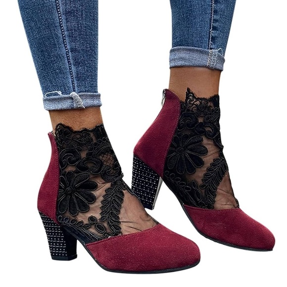 Elegant Lace-Trimmed Burgundy Ankle Boots - Picture 1 of 9